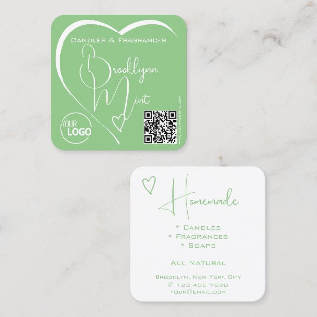 Carte De Visite Carré Light Mint Green Calligraphy Heart Logo QR Code (Devant / Derrière)