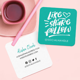 Carte De Visite Carré Like Share Suivre Brush Script Aqua Social Media