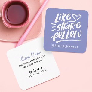 Carte De Visite Carré Like Share Suivre Brush Script Violet Social Media