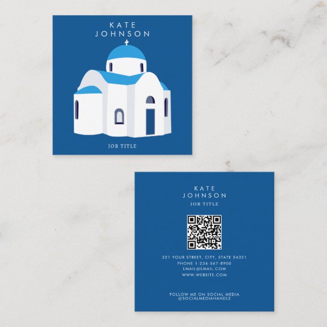 Carte De Visite Carré L'île grecque Santorin Blue Dome Eglise QR Code (Devant / Derrière)