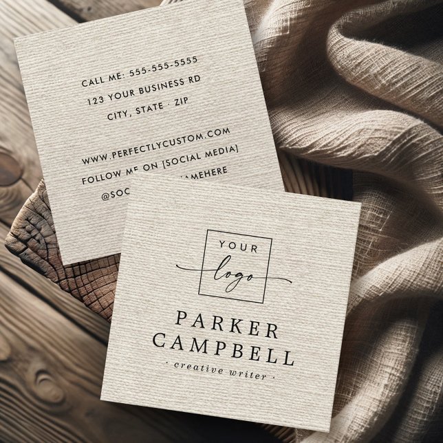 Carte De Visite Carré Linge en ivoire clair look élégant logo minimalist (Ivory light tan linen look elegant logo minimalist square business card)