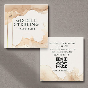 Carte De Visite Carré Liste de cheveux Aquarelle QR Code Beige Gold Foil