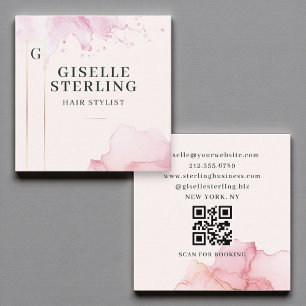 Carte De Visite Carré Liste de cheveux Aquarelle rose pâle Code QR