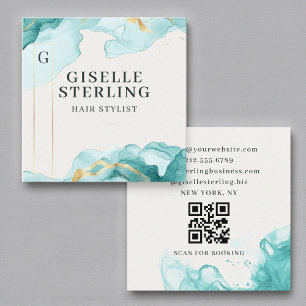 Carte De Visite Carré Liste de cheveux Turquoise bleu aquarelle QR Code