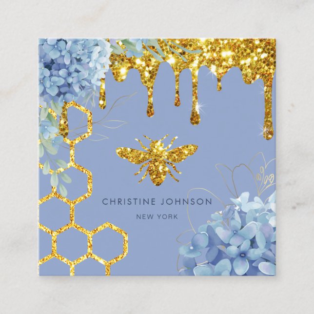 Carte De Visite Carré logo abeille et bleu hydrangea carré carte de visi (Devant)
