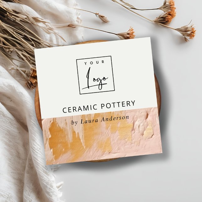 Carte De Visite Carré Logo artistique Bush Pink Gold Paint Texture (Créateur téléchargé)