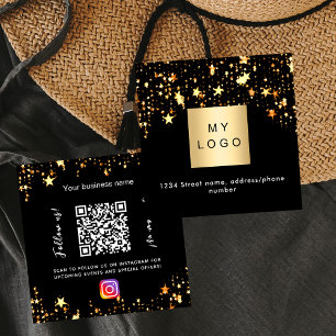 Carte De Visite Carré Logo Black gold stars code QR Instagram Suivez-nou