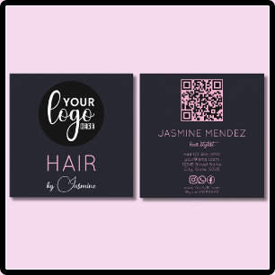 Carte De Visite Carré Logo Black Pink QR Code Réseaux Sociaux Coiffeur