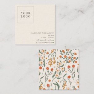 Carte De Visite Carré Logo botanique floral minimaliste Orange Vert Auto