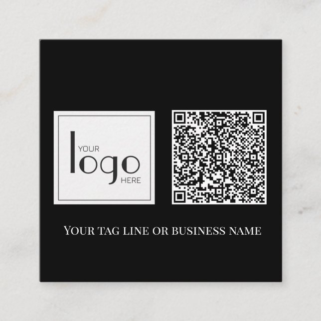 Carte De Visite Carré Logo Carré noir QR Code Simple Blanc (Devant)
