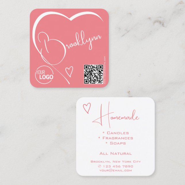 Carte De Visite Carré Logo Code QR Code Modèle Calligraphie rose Coeur b (Devant / Derrière)