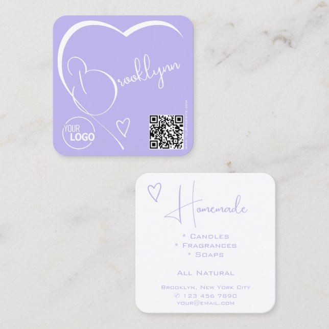 Carte De Visite Carré Logo Code QR Modèle Calligraphie Lilac Heart (Devant / Derrière)