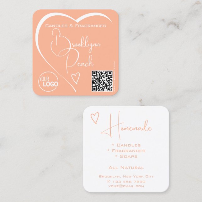 Carte De Visite Carré Logo Code QR Modèle Calligraphie Orange Heart (Devant / Derrière)