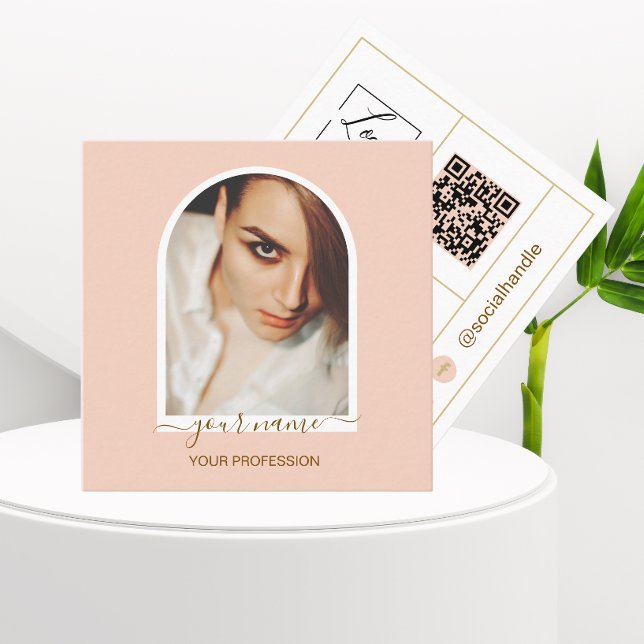 Carte De Visite Carré Logo code QR photo moderne rose écriture manuscrit (Créateur téléchargé)