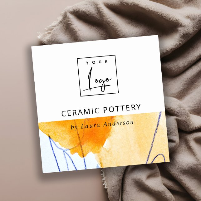 Carte De Visite Carré Logo d'art Abstrait Artistic Jaune Bleu Aquarelle (Créateur téléchargé)