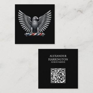 Carte De Visite Carré Logo de barbier métal argent rasoir aigle salon de