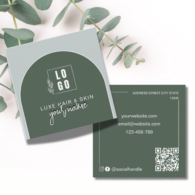 Carte De Visite Carré Logo de code Qr arqué moderne vert forêt (Créateur téléchargé)
