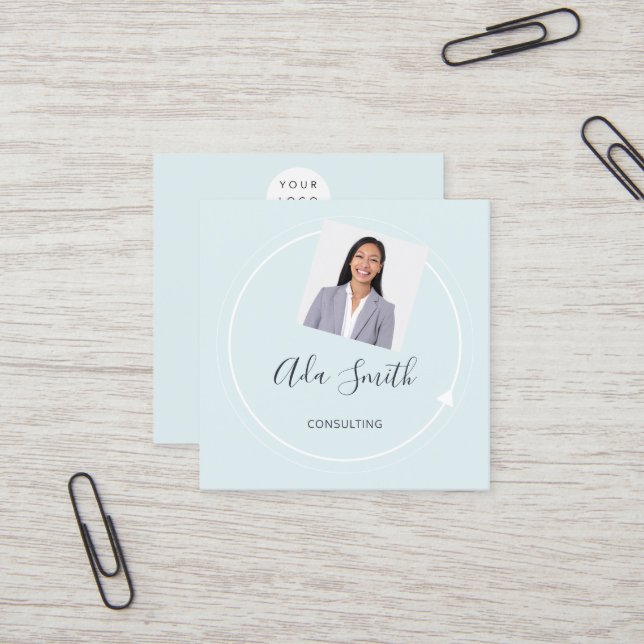 Carte De Visite Carré Logo de code QR Custom Photo Consulting Aqua (Devant/Arrière en situation)