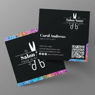 Carte De Visite Carré Logo de code QR de coiffeur noir élégant et paille