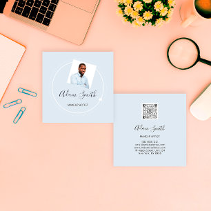 Carte De Visite Carré Logo de code QR personnalisé maquillage photo bleu