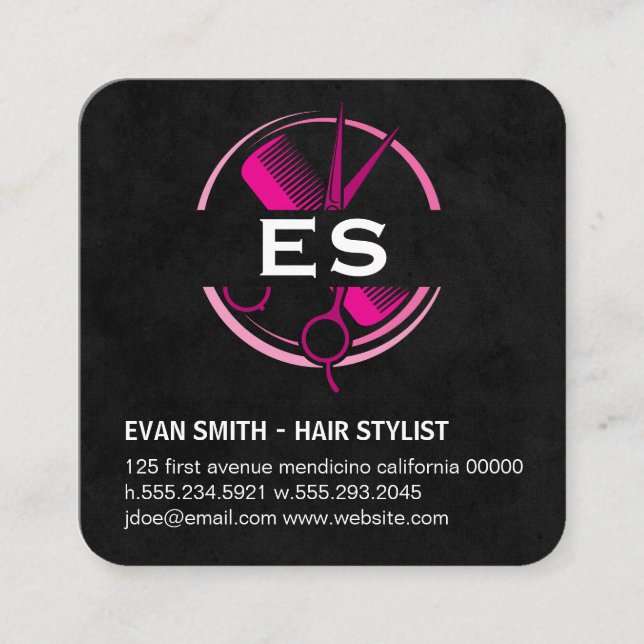 Carte De Visite Carré Logo de coiffeur | Monogramme (Devant)