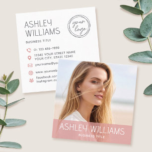 Carte De Visite Carré Logo de couleur rose moderne et élégant avec photo