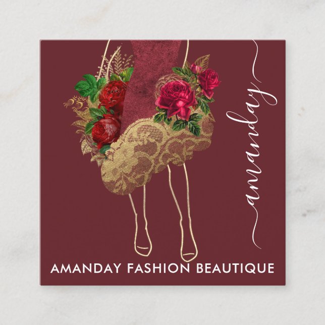 Carte De Visite Carré Logo de la robe rouge or QRCode Wreath Marsala (Devant)