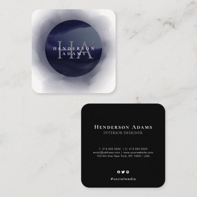 Carte De Visite Carré Logo de monogramme 3D bleu et blanc (Devant / Derrière)