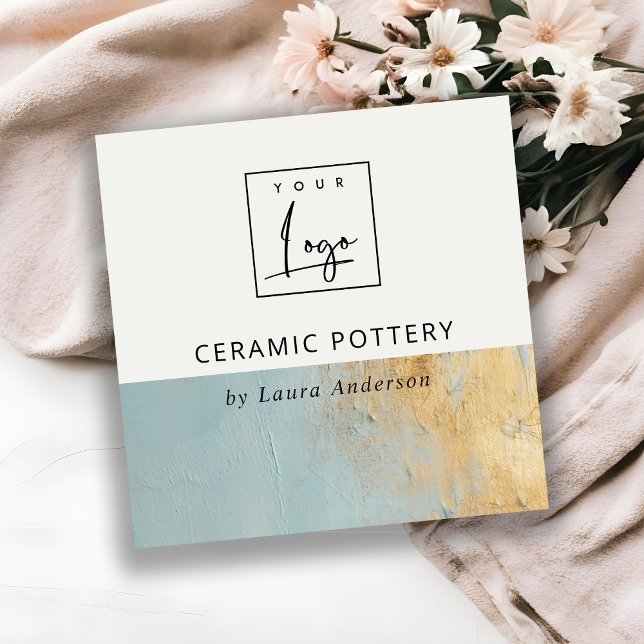 Carte De Visite Carré Logo de peinture à l'huile d'or bleu Aqua artistiq (Créateur téléchargé)