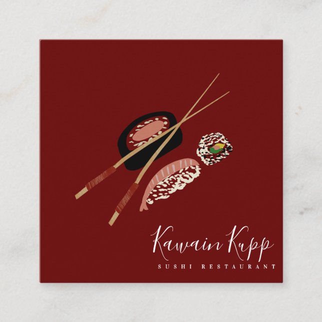 Carte De Visite Carré Logo de restaurant de baguettes de sushi avec bagu (Devant)