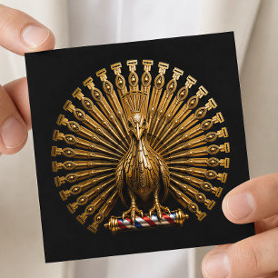 Carte De Visite Carré Logo de salon de coiffure au rasoir Paon Or