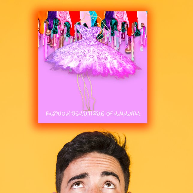 Carte De Visite Carré Logo de vêtements de mode QR Code Parties scintill (Fashion Dress Logo QR Code Pink Glitter Drips Square Business Card)