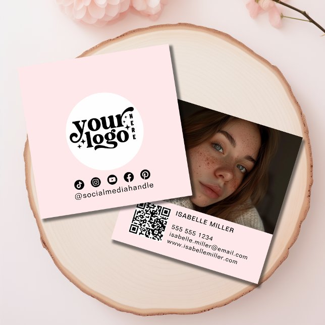 Carte De Visite Carré Logo des médias sociaux modernes Photo QR Pink (Modern Social Media Logo Photo QR code Square Business Card)