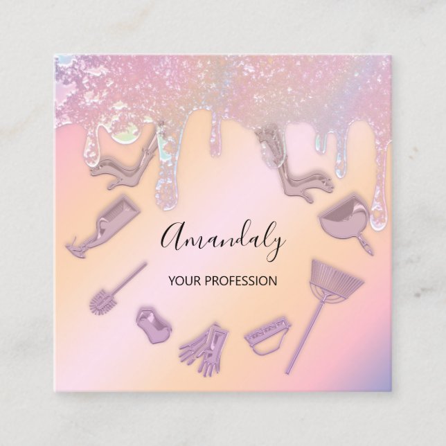 Carte De Visite Carré Logo des services de nettoyage ménager Rose violet (Devant)