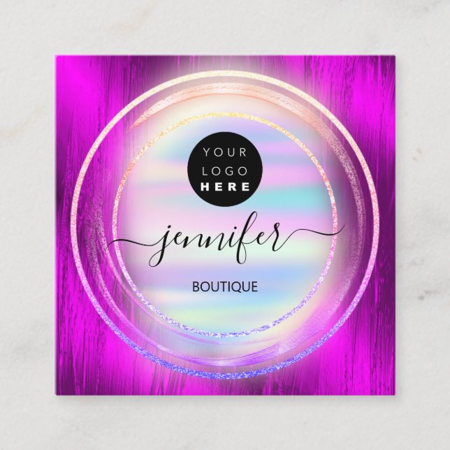 Carte De Visite Carré Logo du code QR Holographique Pink Ombre Strokes (Devant)
