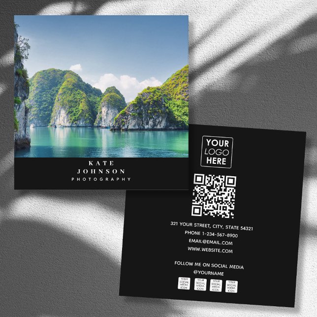 Carte De Visite Carré Logo du photographe moderne Code QR Médias sociaux (Modern Photographer Logo QR Code Social Media Square Business Card)