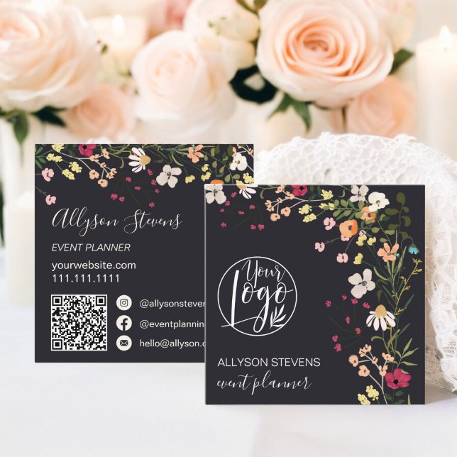 Carte De Visite Carré Logo du planificateur d'événements floraux Grey Bo (Gray Boho floral event planner logo qr code Square Business Card)