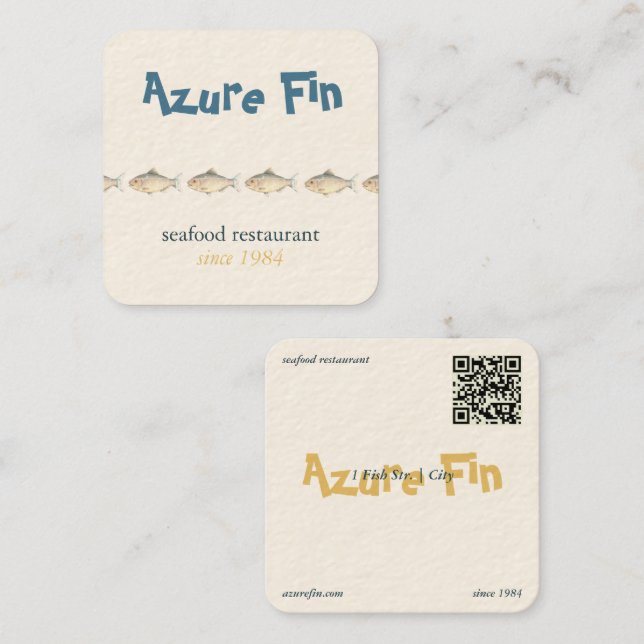 Carte De Visite Carré Logo du restaurant de poisson Azure Fin élégant (Devant / Derrière)