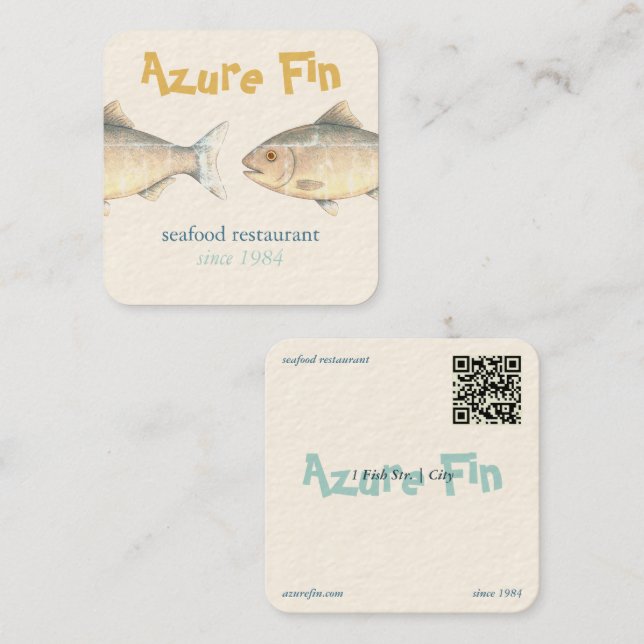 Carte De Visite Carré Logo du restaurant de poisson Azure Fin élégant (Devant / Derrière)