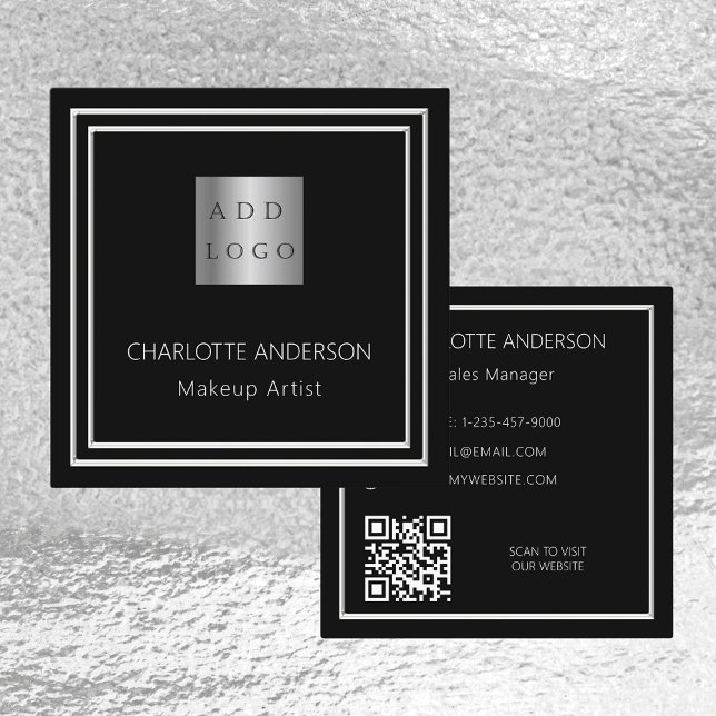 Carte De Visite Carré Logo élégant en argent noir code QR (Créateur téléchargé)