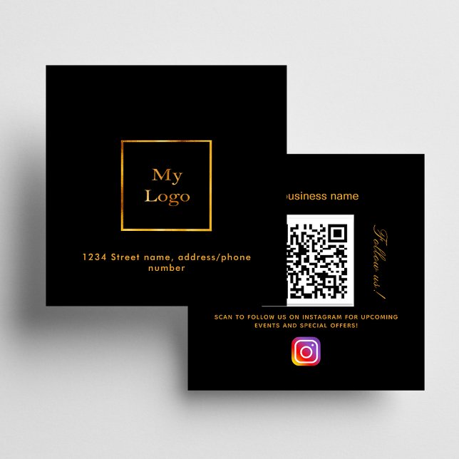 Carte De Visite Carré Logo en or noir Code QR Instagram Suivez-nous (Créateur téléchargé)