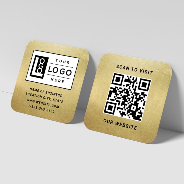 Carte De Visite Carré Logo et code QR personnalisés Faux Gold Foil (Créateur téléchargé)