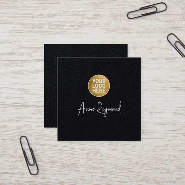 Carte De Visite Carré Logo et nom de script Premium Black (Devant/Arrière en situation)