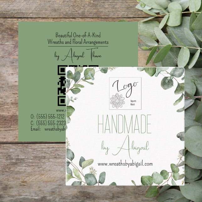 Carte De Visite Carré Logo Eucalyptus Code QR artisanal fabriqué à la ma (Logo Sage Green Eucalyptus Handmade | Handcrafted QR Code Square Business Card)