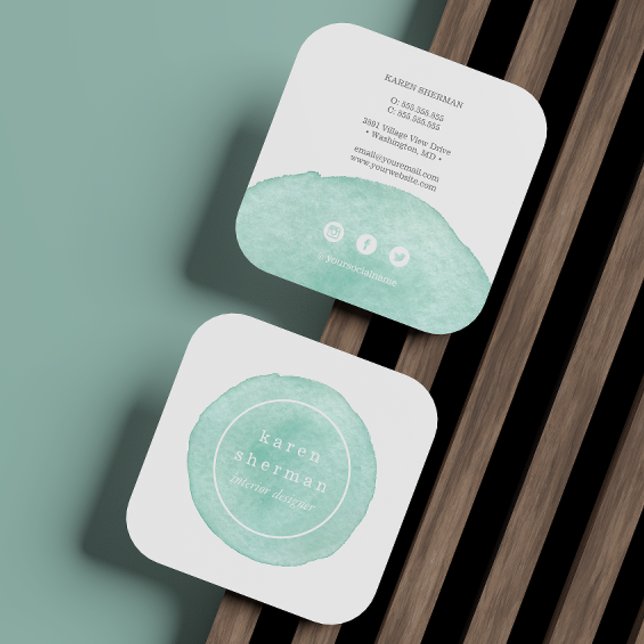 Carte De Visite Carré Logo féminin professionnel turquoise médias sociau (Créateur téléchargé)