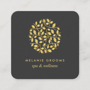 Carte De Visite Carré Logo feuille or   wellness massage spa yoga