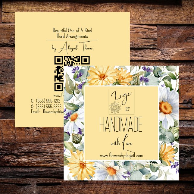 Carte De Visite Carré Logo Fleurs marguerites Fleurs artisanales florale (Logo Daisy Flowers Floral Handmade Crafting QR Code Square Business Cards)