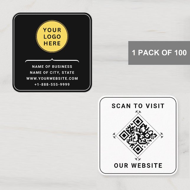 Carte De Visite Carré Logo personnalisé avec code QR | Noir et blanc mod (minimalist square business cards)