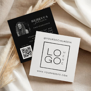 Carte De Visite Carré Logo personnalisé blanc noir Code QR photo Réseaux
