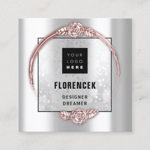 Carte De Visite Carré Logo personnalisé CODE QR Cadre Rose gris argent
